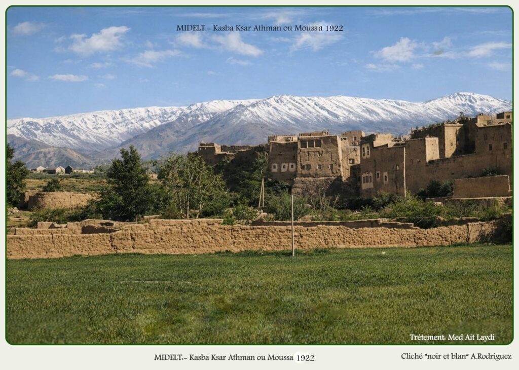 Façade principale du Ksar ... photo: clché A.Rodridez 1922...traitement à l'aide d'IA par Med Ait Laydi